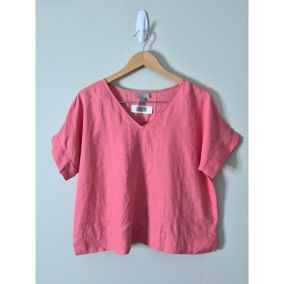 PURE Collection 100% Linen Shirt Short Sleeve Crop Top Size Medium Pink - Picture 2 of 7